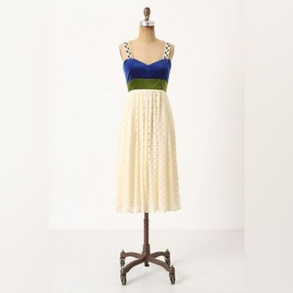 Anthropologie Madchen Velvet Bodice Flocked Silk Dress Cotton Medieval - Picture 2 of 9
